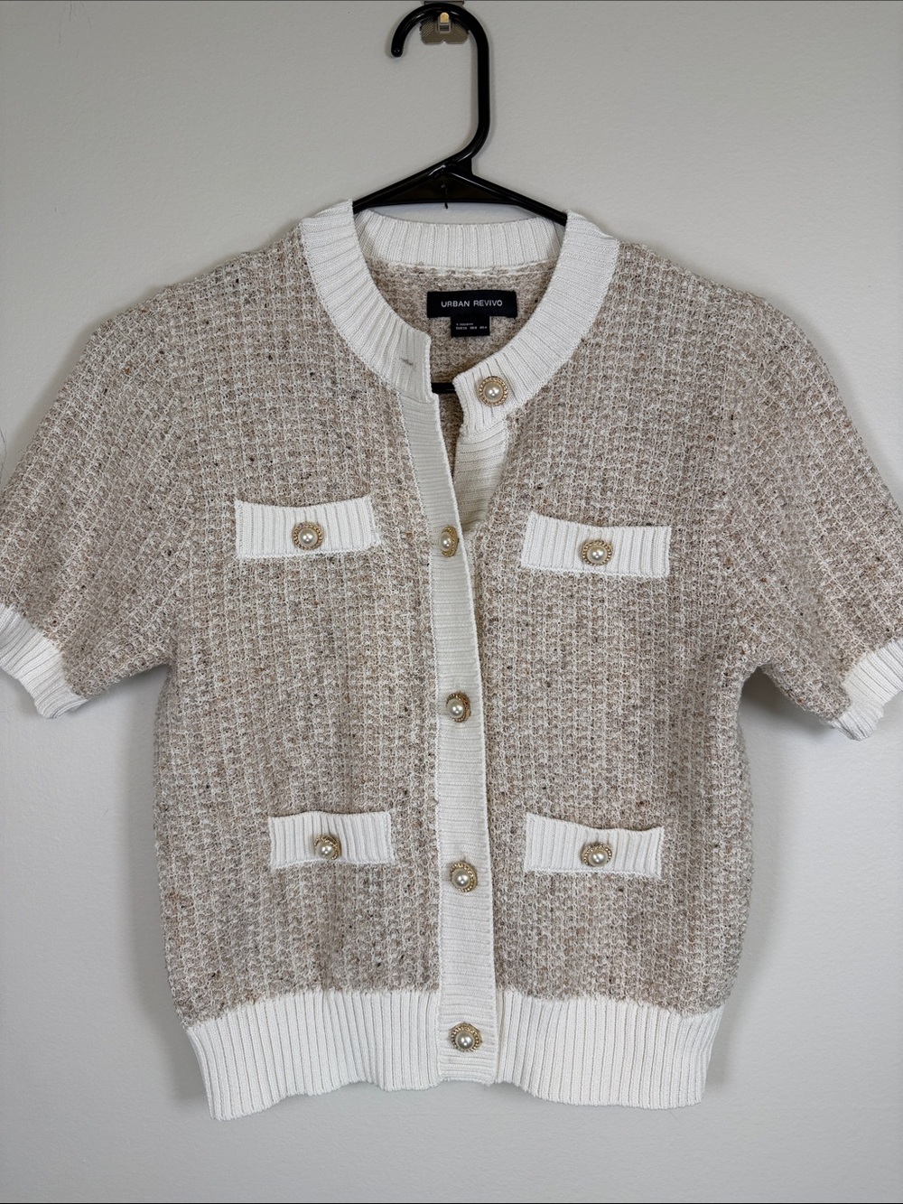 Urban Revivo Textured Weave Contrast Trim Pearl Button Cardigan S